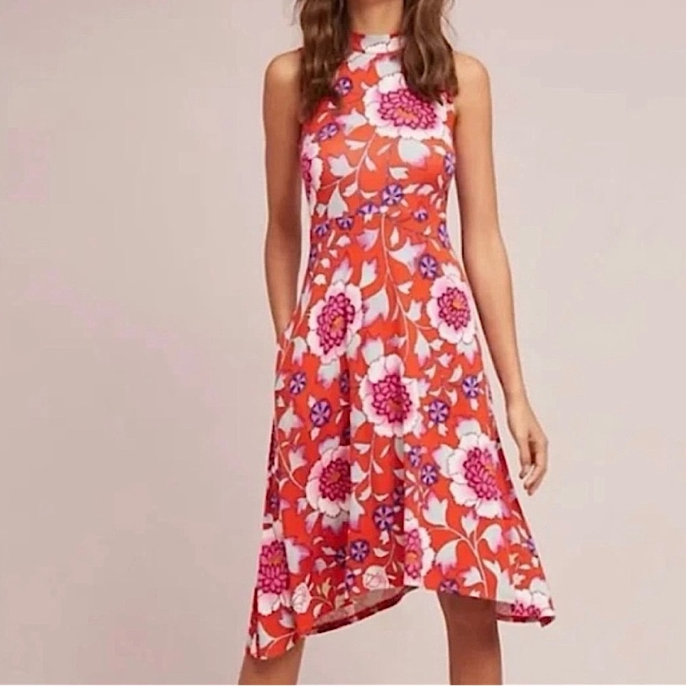 Maeve Anthropologie Clearly Floral Sleeveless‎ Asymmetrical Dress Red Medium